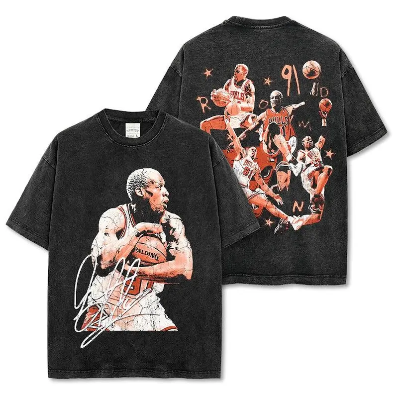 Dennis Rodman Wash Tee Vintage T-Shirt Double Sided Unisex Cotton Crewneck