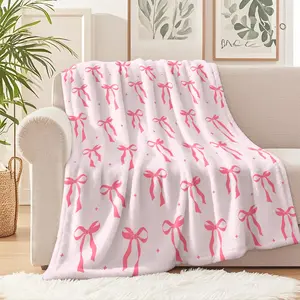 Chic Pink Bow Pattern Flannel Blanket, Stylish Throw Blanket for Cozy Home Decor, Perfect for Camping, Travel, and Office Warmth, Elegant and Whimsical Design for Any Space, Ideal Gift for People, Soft Blankets