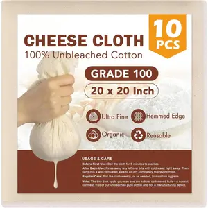 10 count Cheesecloth, 20x20 Inch -  Unbleached ,  Hemmed Cheese Cloths for Straining, Nut Milk, Baking and Cheese Making (Grade 100)