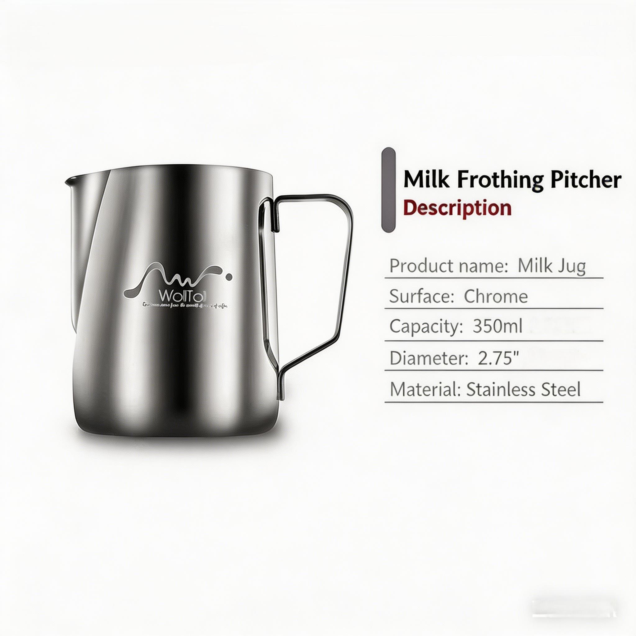Milk Frothing Pitcher 350ml Stainless Steel for Latte Art Beginners 0.8mm Thick Dripless Spout Dual Measurement Lines Ergonomic Handle Perfect for Coffee Jugs