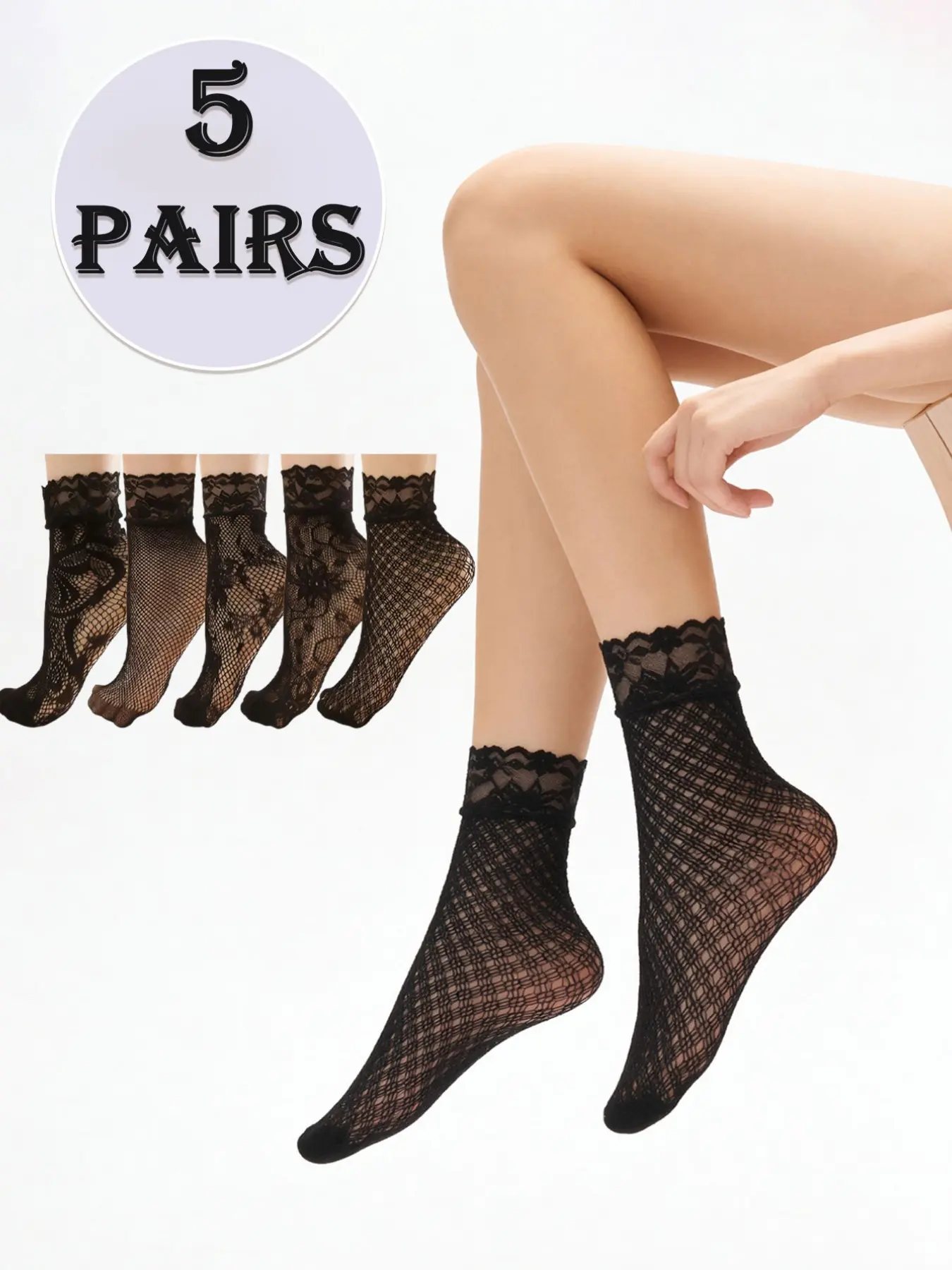 5 pairs of women's sexy black fishnet lace Sheer short socks, thin patterned silk stockings suitable for daily casual wear, Lace Crew Socks