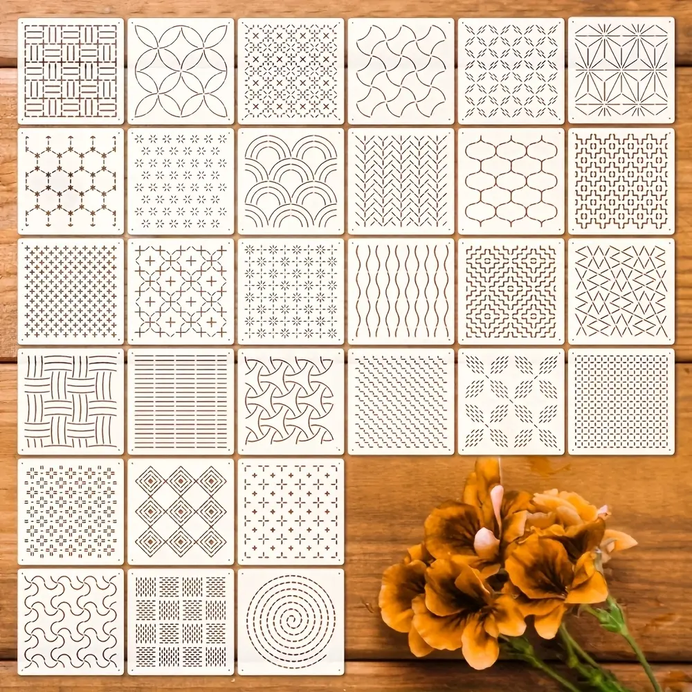 30 Piece/set Geometric Patterns Sashiko Embroidery Templates Set, Reusable Texture Pattern Templates, DIY Art Projects, Plastic Quilting Line Drawing Template, Geometric Designs, Crafting Tools