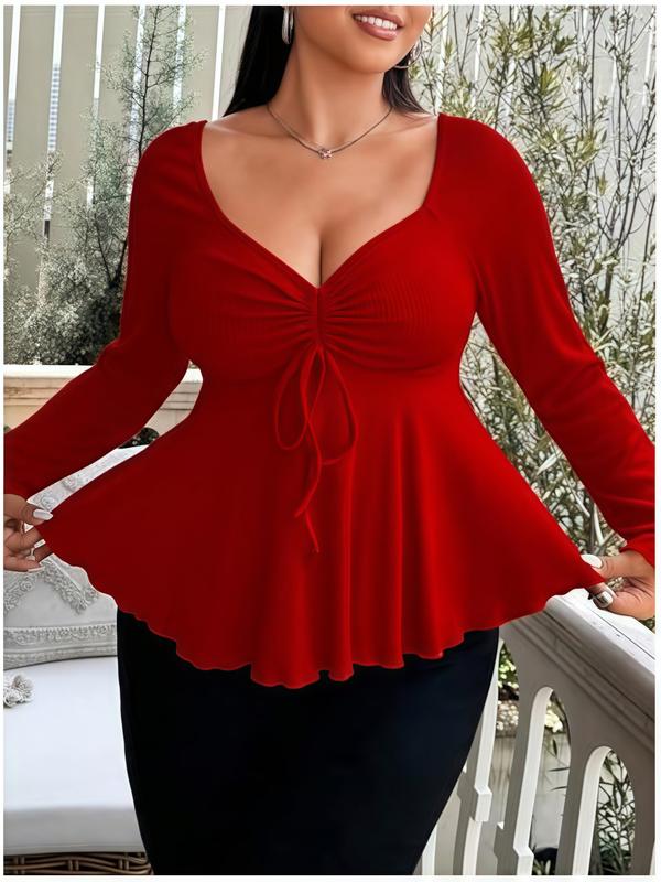 【Plus Size】 Solid Bow Decor Thumb Hole Curved Hem Tee, Plus Casual Long Sleeve T-shirt for Daily Wear, Women Plus Clothing for Fall & Winter, Top