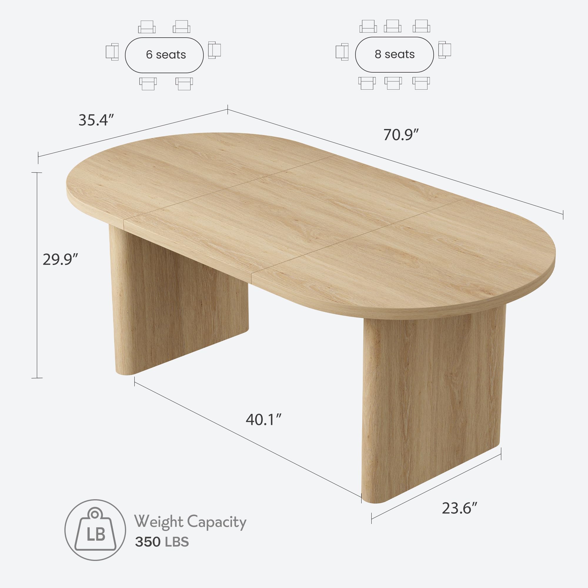 Modern Farmhouse Oval Dining Table ONLY TABLE, Seats 6-8, 70.8 Inch, Thick Sturdy Wooden Base, Spacious Tabletop for Dining Room, Kitchen and Living Room, Available in Classic Gray, Natural, Black, Farmhouse Style Table, 70.8X35.43"