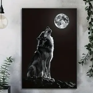 Moon and Wolf Poster Canvas Wall Art: High-Quality Canvas Prints for Home Decor - Perfect Gift for Animal Lovers Spooky Living Room Bedroom Decoration Black Ornaments Artistic Photo