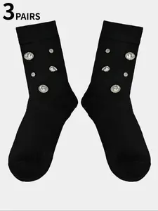 3 pairs of mid-calf socks embellished with sequins and rhinestones—elegant and comfortable, perfect for women’s nightclub outings, parties, and everyday wear