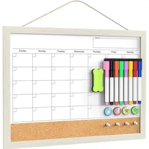 Calendar Whiteboard for Wall, Whiteboard Calendar Cork Board Combo, Small Magnetic White Board with Wood Framed, Hanging Dry Erase Plank for Kitchen Home Office School Planner
