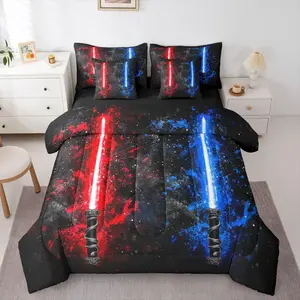 7 Piece Lightsaber Comforter Set,Neon Red Blue Bedding Set,Bed In A Bag for Kids Boys Teens Adult Women Room,Galaxy Starry Sky Sheet Set
