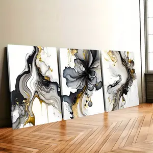 3-piece set of black and gold abstract wall art, modern gray and gold marble fluid canvas art poster prints, suitable for living room, bedroom, office home decoration, ready to hang and use