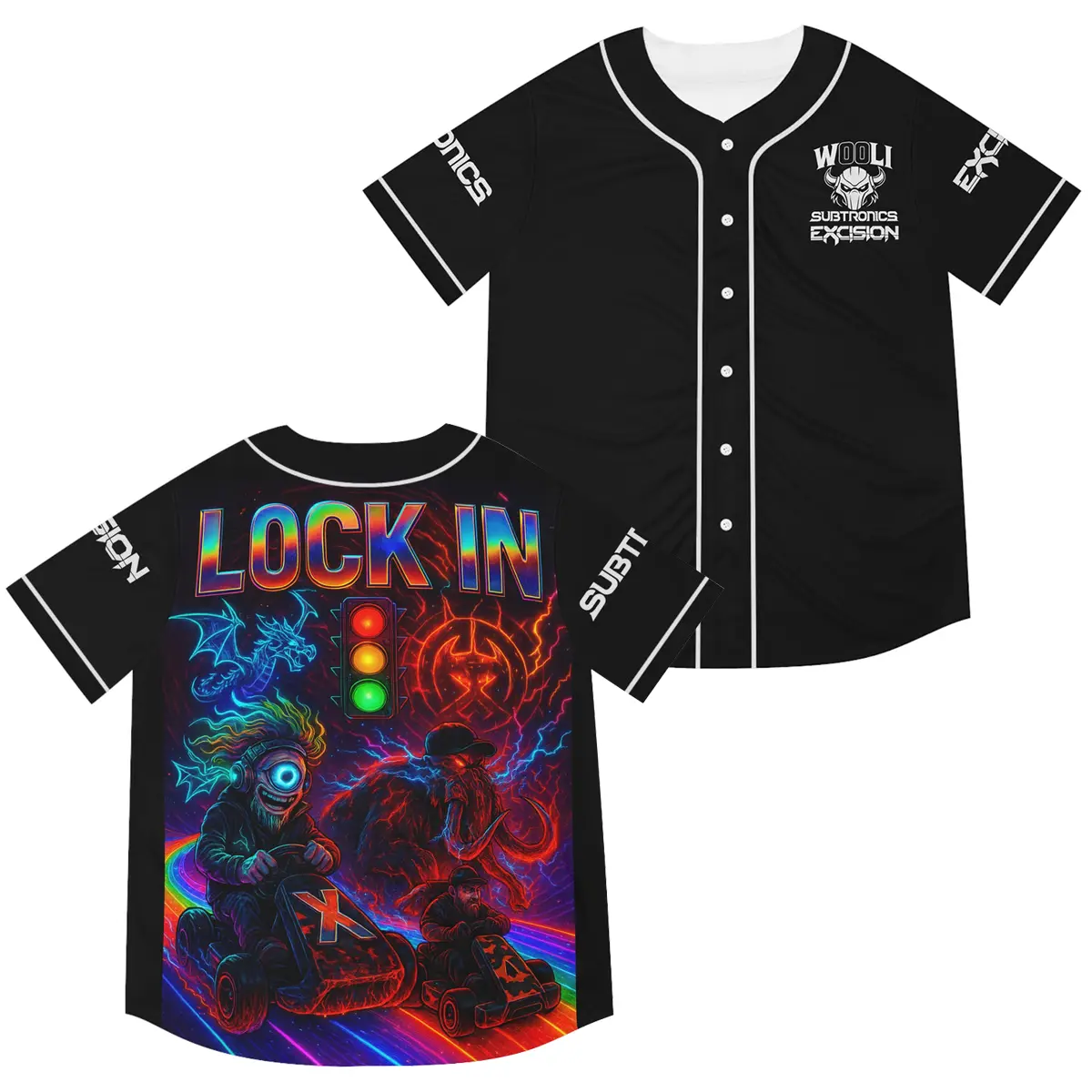Wooli Subtronics Excision Baseball Jersey, Lock In Go Kart Rainbow Shirt, Heavy Dubstep Basshead Headbanger Merch, Lost Lands EDC Festival Outfit, Cyclops Army Wooli Mammoth Graphic Button Down Top, EDM Music Lover Unisex Rave Apparel