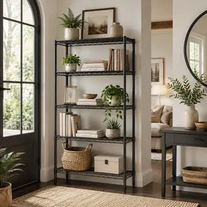 5-Tier Metal Wire Storage Shelves – Adjustable Standing Storage Rack, Heavy Duty Steel Shelving Unit for Kitchen, Bathroom, Pantry & Garage – 23.3"W x 13.4"D x 60"H, Black