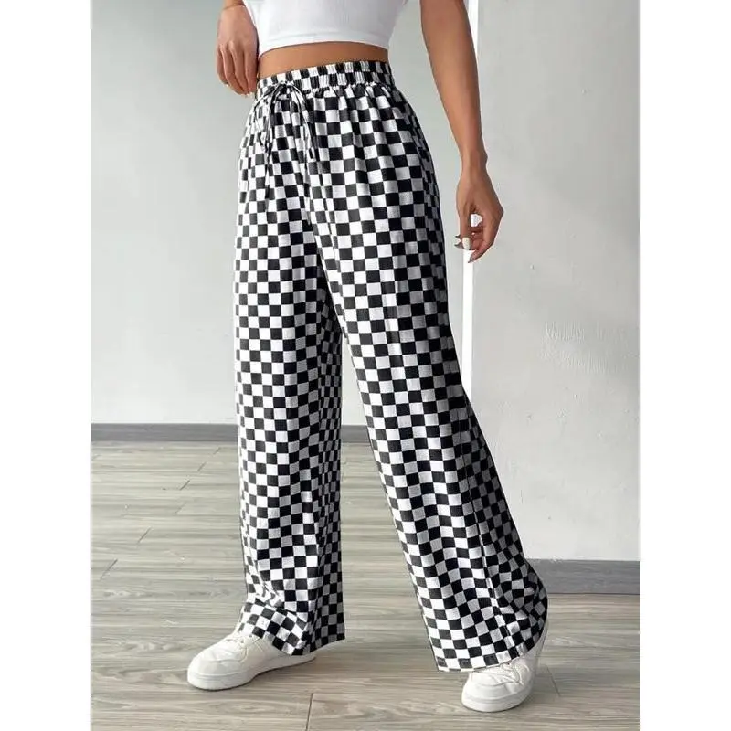 Women's High Waist Checkered Baggy Joggers - Geometric Print, Loose-Fitting, Medium Stretch, Adjustable Waist Drawstring, Rib Cuff, Casual Trousers for Everyday Wear, Sporty Chic, All Seasons, Standard Sizes