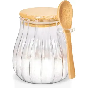 15oz Sugar Container with Bamboo Lid and Spoon,Sugar Bowl Glass Jar for Coffee Bar Accessories Coffee Canister Kitchen Decor (Medium)
