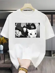Men's Loose-Fit Cat Print T-Shirt, Casual Long Sleeve Top, Breathable Round Neck, Streetwear Style, Summer New Arrival