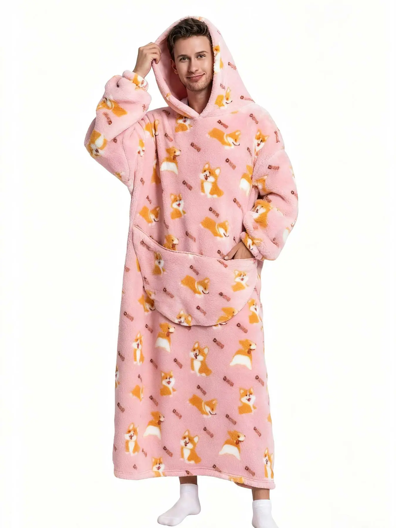 1PCS Men's Winter Warm Robe, Cartoon Animal Print Loungewear, Casual Loose-Fit Home Sleepwear, Christmas Halloween Gift Idea