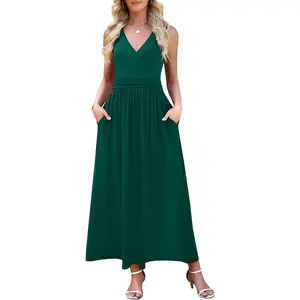 WEACZZY Women's Maxi Dress Sleeveless V Neck Sundress Cocktail Long Dresses with Pockets