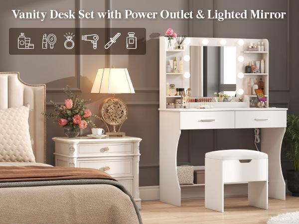 Lifewit Vanity with Mirror Adjustable Lighting, 2 Power Outlets/USB Ports, Makeup Desk with Storage Stool, 8 Open Shelves, 2 Drawers, Lipstick Holders,summerwins,dorm essentials,home decor