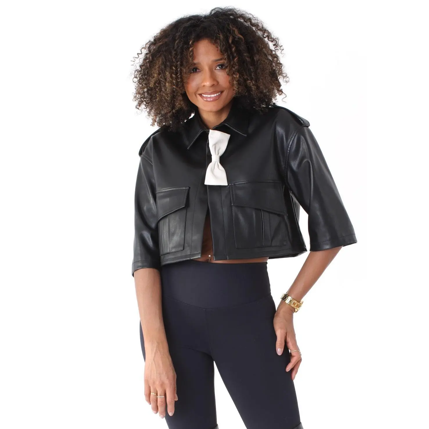 Cropped Leather Jacket with Bow Accent - 81768