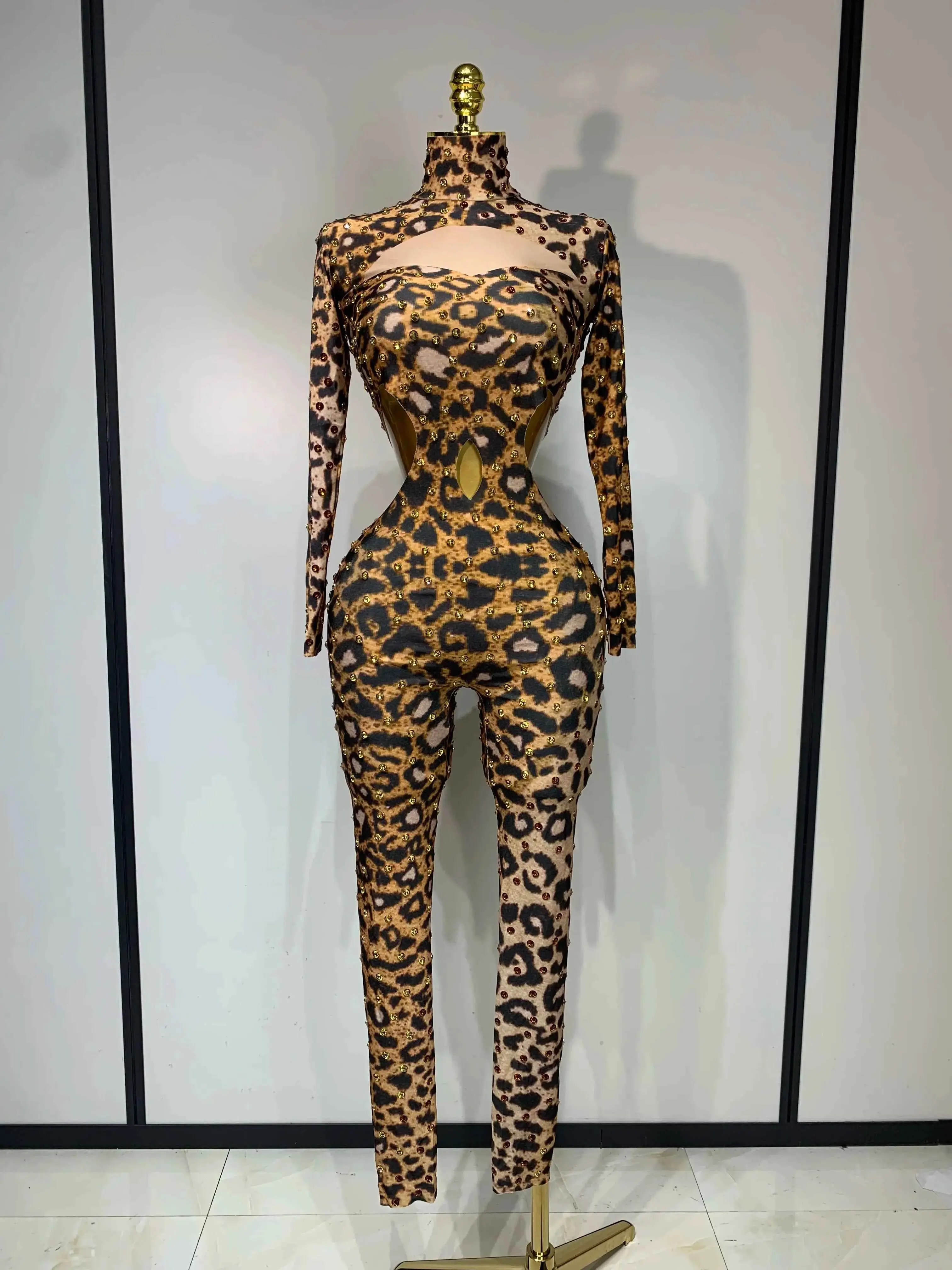 Liora Leopard Gold Rhinestones Spandex Jumpsuit