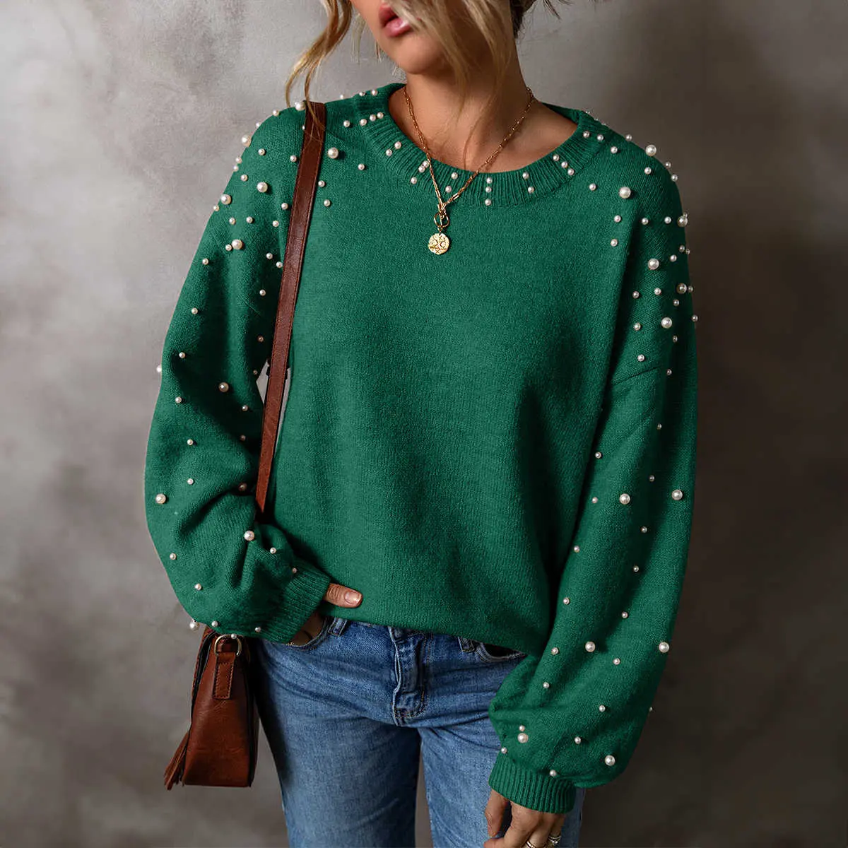Evergreen Pearled Drop Shoulder Round Neck Sweater