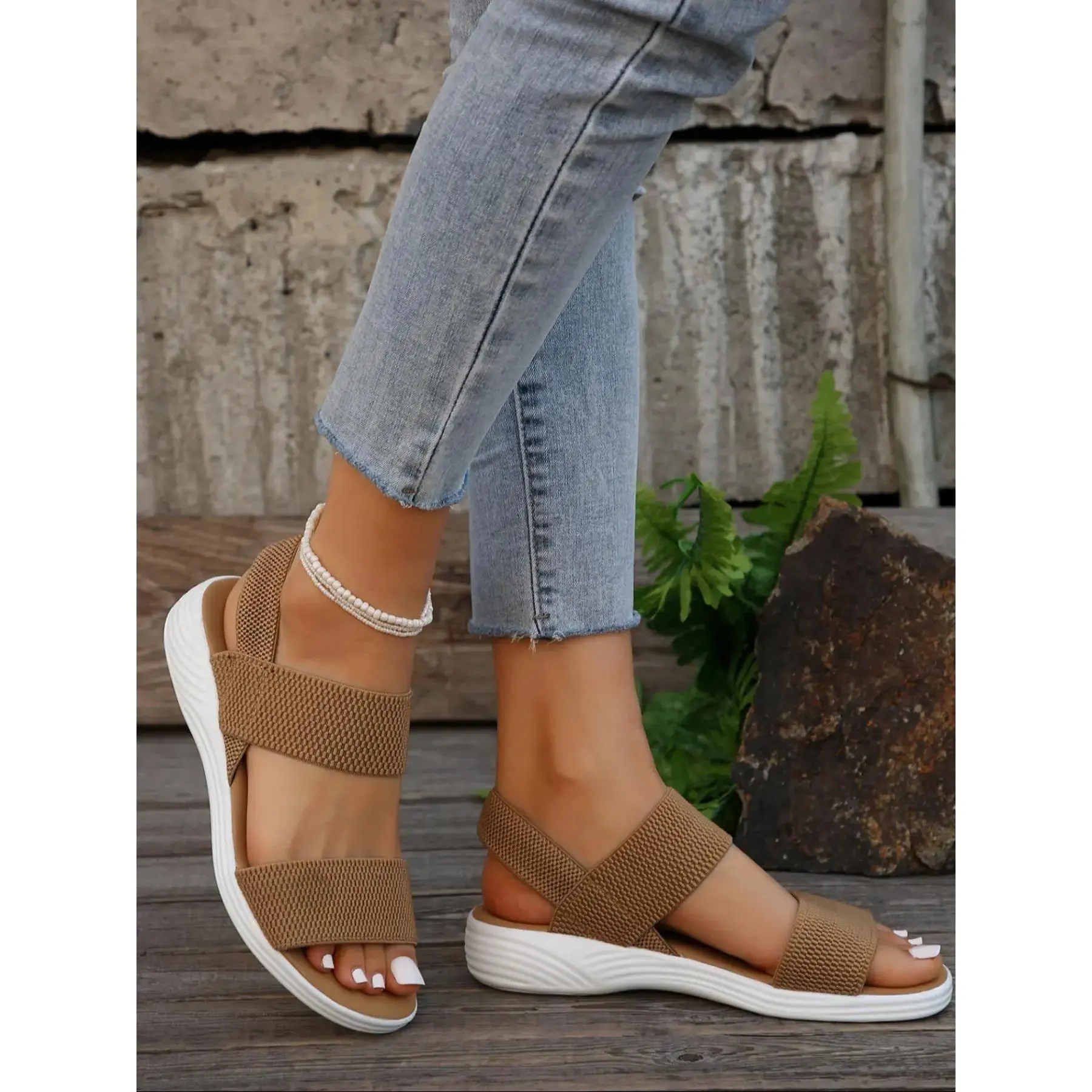 Women's Fashionable Plain Color Slip on Sandals, Casual Comfortable Sandals for Summer, Lightweight Breathable Canvas Flat Bottom Outdoor Slip-on Sandals, Walking Shoes, Flexible Sandals