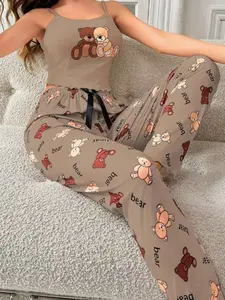 2-Piece Cute Teddy Bear Print Tank Top Long Pants Pajamas Set, Casual Slim-Fitting Nightwear Loungewear Sleepwear for All Seasons, Comfortable Lounge Loungewear Pyjamas Pjs Womenswear