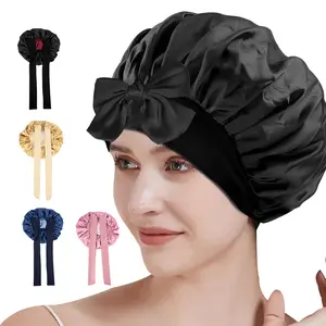 1 Count of Two-Color Ribbon Bath cap - Silk & Breathable, Suitable for Long Hair Satin Shower Cap Cover