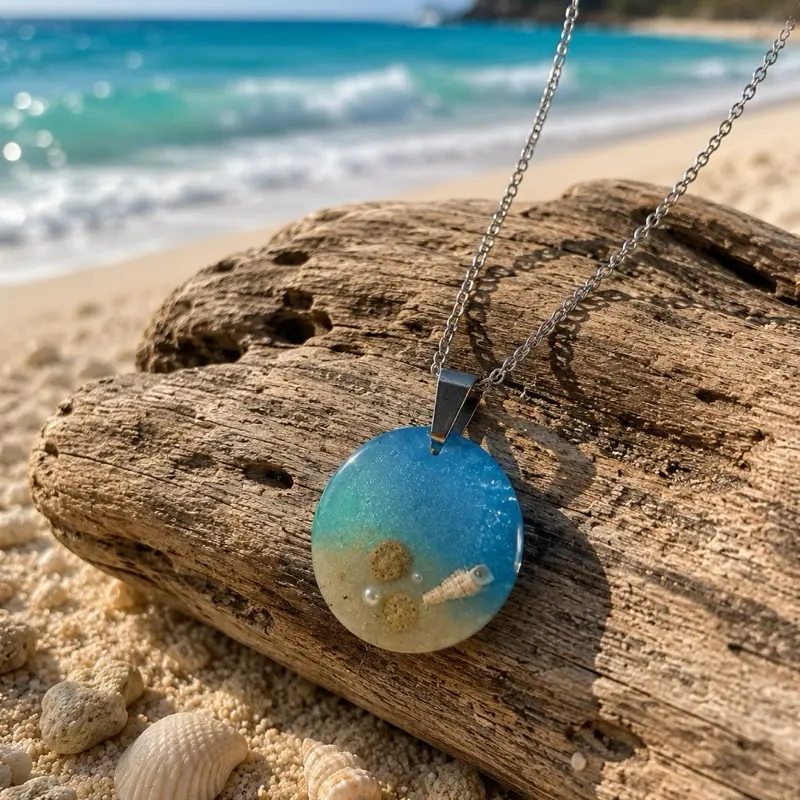 Resin Necklace, Ocean Blue Collection, Adorned with Real Seashells