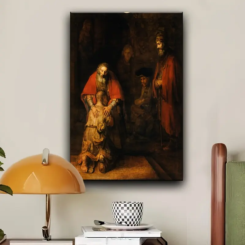 1 Piece Stretched Giclee Photo Print, Rembrandt Van Rijn The Prodigal Son Returns Wooden Frame Canvas Wall Art, Home Decor for Living Room Bedroom, Holiday Gift Ornament