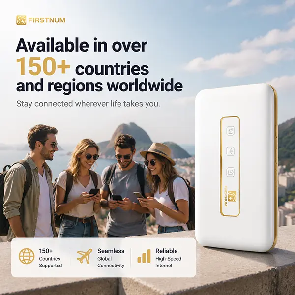 FIRSTNUM M5 Global Portable Mini WiFi Hotspot - Sim-Free, No SIM Required, Easy to Use, Free Data, No Contract, Auto-Switch AT&T/T-Mobile/Verizon, 150Mbps 4G LTE, FCC Certified, Ideal for Road Trips, RV Life (150+ Countries)