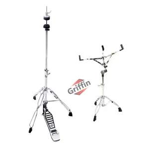 2-PACK Drum Hardware Set- Hi-Hat Stand & Snare Drum Stand by GRIFFIN | Hi Hat Cymbal Pedal With Pull Chain | Chrome Double Braced Kit | Mount Basket for Standard Snares, Tom Drums & Practice Pad