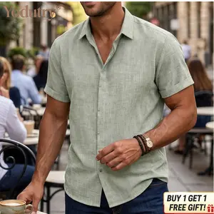 Men’s Linen Short Sleeve Shirt| Lightweight Loose Fit Summer Beach Shirt| Casual Vintage Solid Color Tee