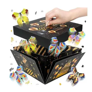 Birthday Explosion Gift Box with Flying Butterflies – Black & Gold DIY Box for Birthday, Wedding, Anniversary, Mother’s Day Gifts