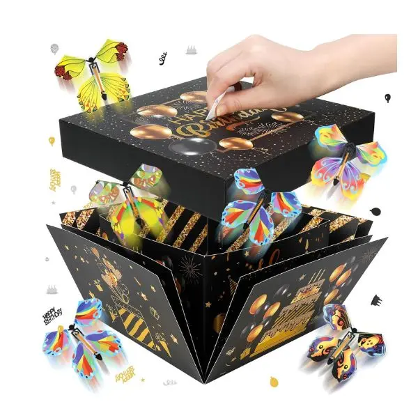 Birthday Explosion Gift Box with Flying Butterflies – Black & Gold DIY Box for Birthday, Wedding, Anniversary, Mother’s Day Gifts