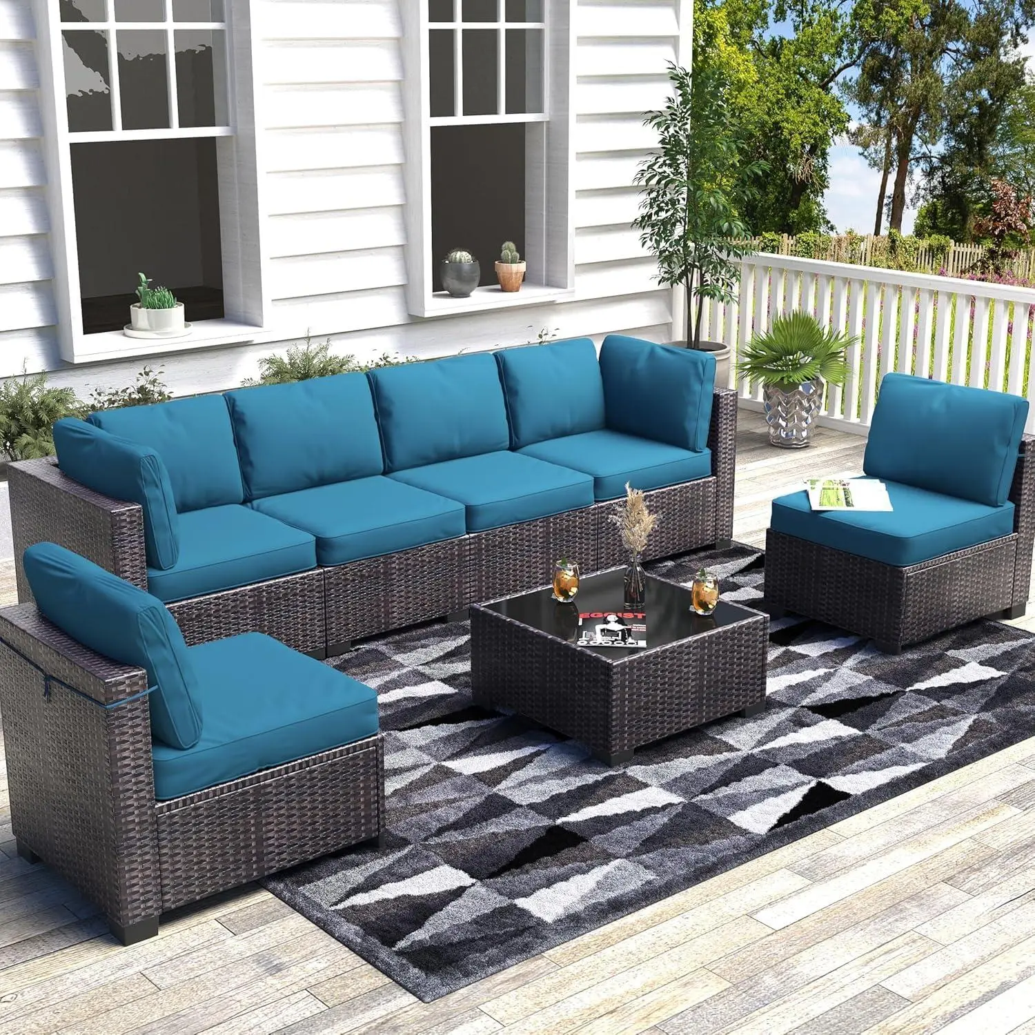 Gaomon 7-Piece All-Weather PE Rattan Wicker Outdoor Modular Sectional Couch Set - Multiple-Seat Conversation Sofa with Plush Cushions, Coffee Table, Easy Setup, Peacock Blue, Ideal for Porch, Garden
