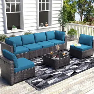 Gaomon 7-Piece All-Weather PE Rattan Wicker Outdoor Modular Sectional Couch Set - Multiple-Seat Conversation Sofa with Plush Cushions, Coffee Table, Easy Setup, Peacock Blue, Ideal for Porch, Garden