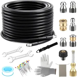 Sewer Jetter Kit for  Washer 100FT, 5800 PSI Power Washer Drain Jetter Cleaner Hose with 1/4 Inch NPT Corner Rotating Nozzle and 4 Different Button Hose Sewer Jet Nozzles Cleaning Sewage Pipes