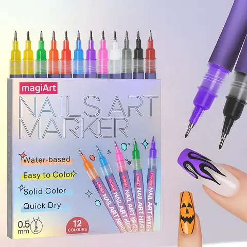 12-Color Vibrant Nail Art Doodle Pen Set - Quick-Dry Acrylic Painting Tool, Cuticle Care Cosmetic, 3D Dot Embroidery, Stitching for Home & Salon DIY Projects, 12 Colors Suit with Endless Creative Possibilities