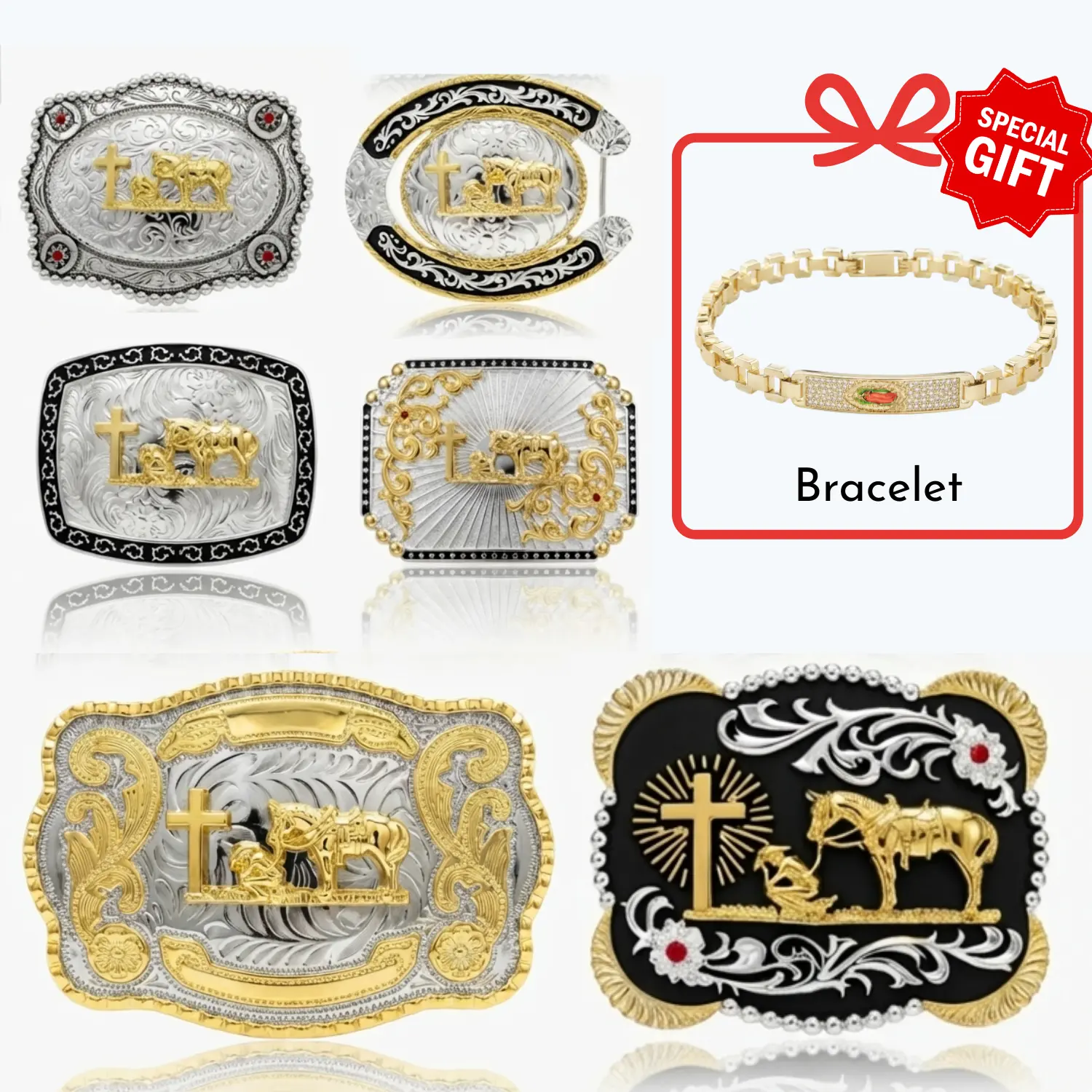 Premium Praying Cowboy Belt Buckle – Kneeling Horse Christian Cross Hebilla Vaquera Rodeo Multiple Designs Gold Silver Fits Standard 1.6 Inch Belt