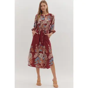 Entro Burgundy Floral Midi Dress