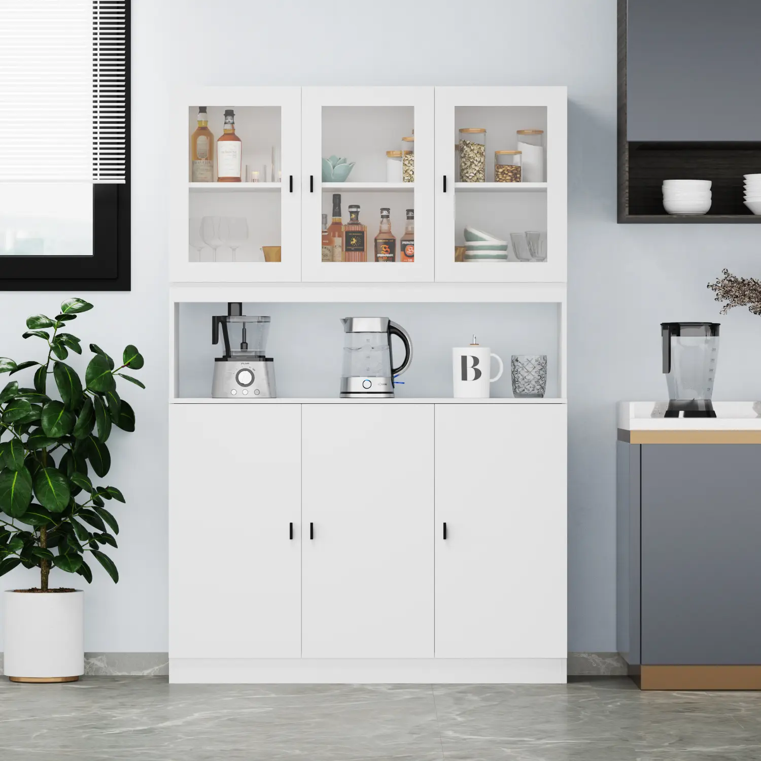 FUFU&GAGA 71" Height Farmhouse Sideboard Buffet Cabinet with Hutch, 6 Door Cabinets, 5 Tiers, Adjustable Shelves, Solid MDF Indoor Storage Pantry Cupboard, Farmhouse Bar Cabinet, Barn Style Kitchen Furniture
