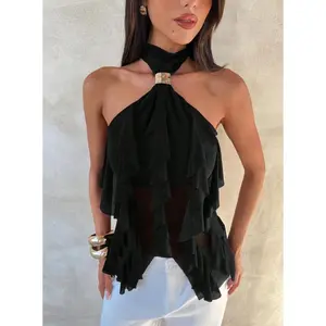 Halter Neck Ruffle Mesh Top | Glam Party Top