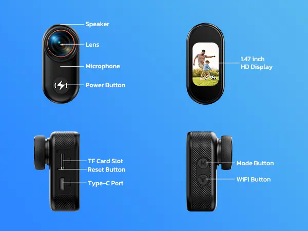 CAMWORLD 4K Mini Body Video Recording Camera - 64GB Micro SD Memory Card, Clip, Lens, Thumb-Action WiFi, 1.47" HD Screen, Magnetic Snap-On Mount, Wearable POV Vlogging Camera for Bikers