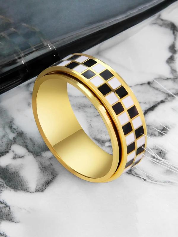Stainless Steel Checkered Rotating Stress Relief Adjustable Ring, Unisex Casual Daily Wear, Simple Chessboard Design Jewelry Stainless Steel Checkered Rotating Stress Relief Adjustable Ring, Unisex Casual Daily Wear, Simple Chessboard Design Jewelry