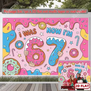 2D Flat, 2D Flat Banner, 1pc Donut-themed Birthday Card with Numbers "67" Background Cloth Decoration, Art Decoration, Suitable for Gifts, Parties, Living Rooms, Apartments, Bedrooms, Dormitories, Home Decorati