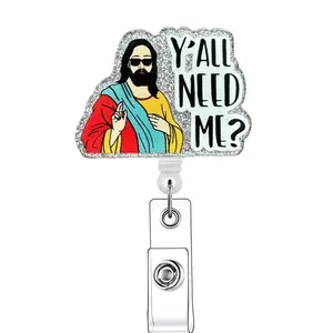 Jesus Pattern Retractable Badge Reel, 1 Count Acrylic ID Holder with Clip, Badge Pins for Nurses Doctors Students Staff, Identification Badges & Supplies