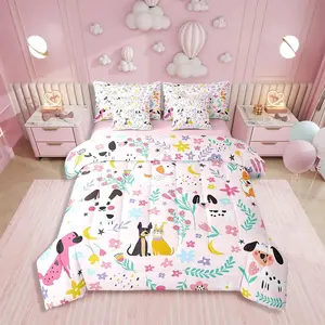 Cartoon Dog Bed Bag with Shee,Colorful Puppy Pet Comforter Bed Set,7 Piece Kids Boys,Rainbow Flower Botanical Leaves Bed Sheets,Moon Floral Bedding Set