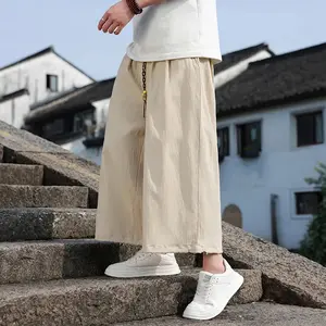 Summer Ankle-Length Pants Men Fashion Chinese Style Casual Loose Harem Pants Man Lightweight Straight Wide Leg Pants Men M-5XL Menswear Beige Black Plain Elastic Waist Tropical Style