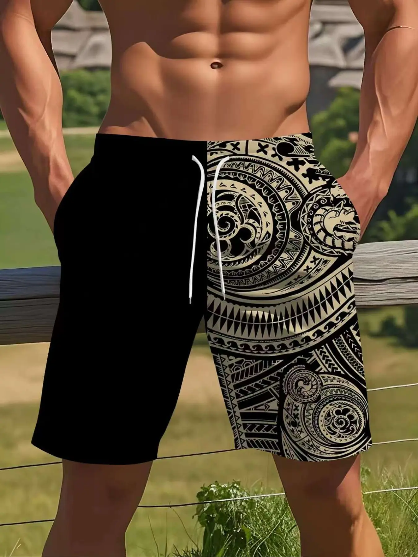 Men's Fashion Polynesian Tattoo Print Beach Shorts, Swimming Shorts, Swimsuit Shorts, Casual Comfortable Summer Must-Have Trendy Short Pants, Summer Swim Trunks, Swimwear Shorts, Summer Swim Bottoms, All over Print H-Type Fitted