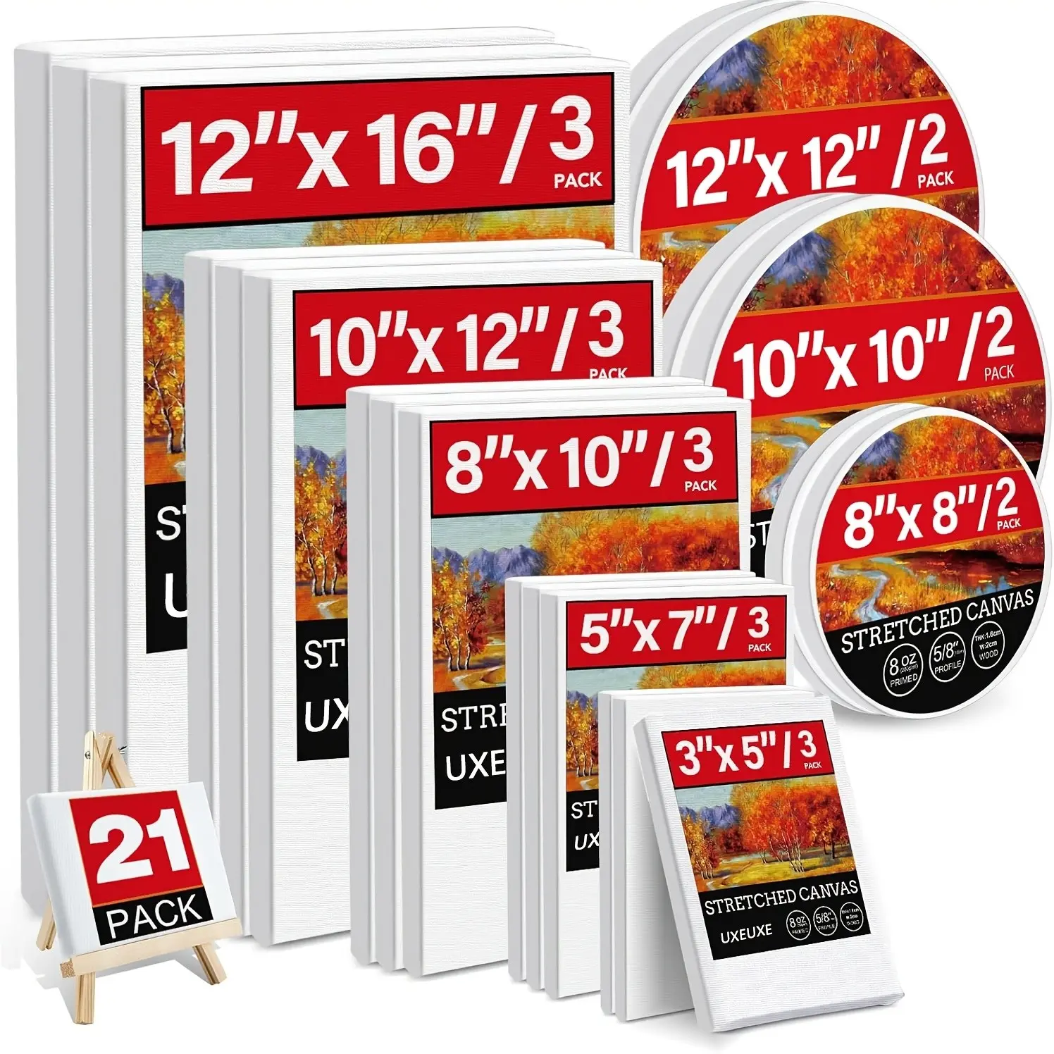 Multi-Pack Stretch Canvas!Multi-pack, Square & Round Sizes Included, 100% Cotton White Gesso For Acrylic Pouring, Painting Creations, Wet And Dry Art Media, Craft Projects - Assorted Mix Of 16×16, 12"×12", 10"×10", 8"×8", 6"×6", 11x14, 9x12, 8x1